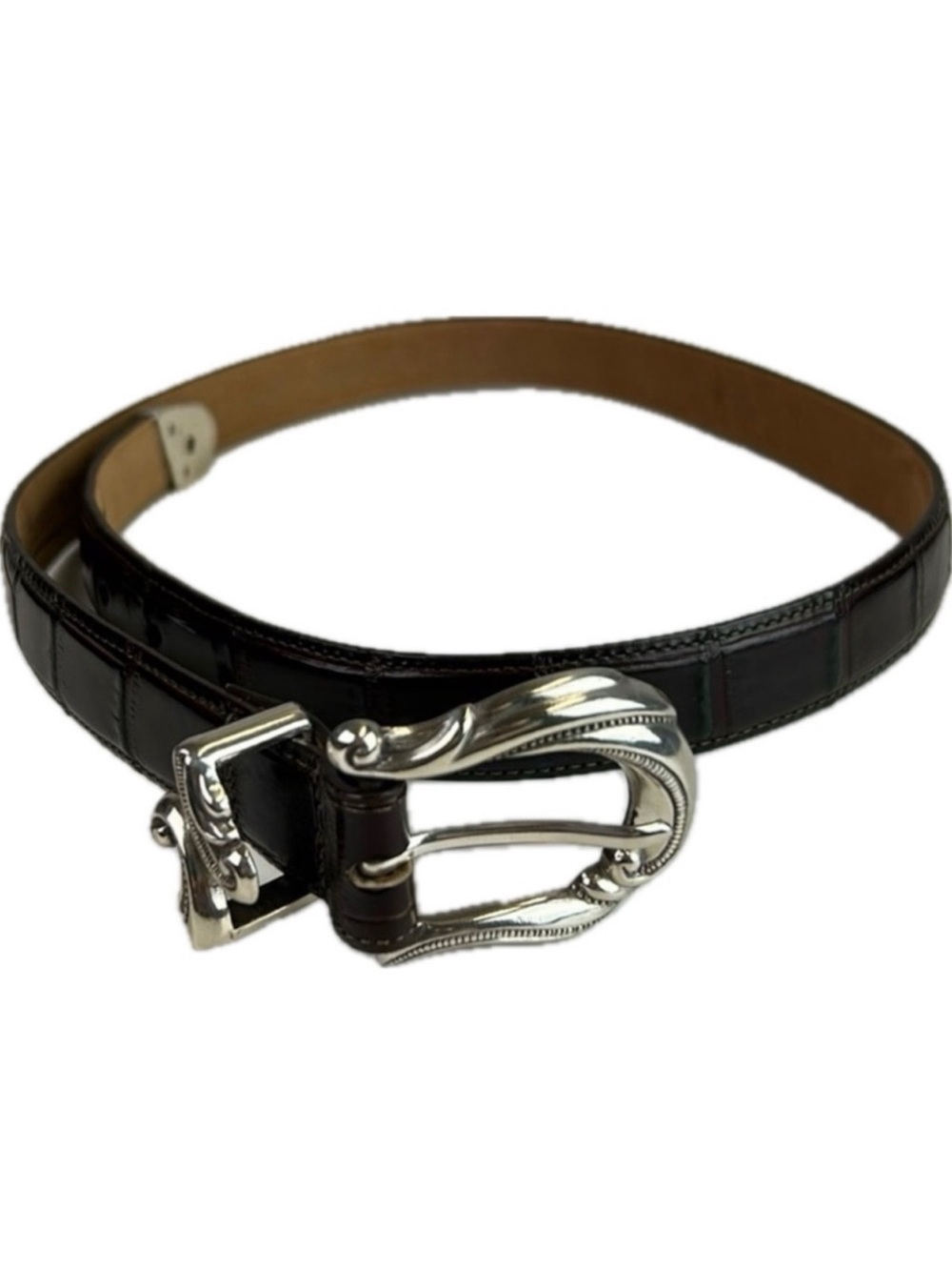 Coldwater Creek Brown Leather Croc Embossed Belt With Silver Buckle Made in USA